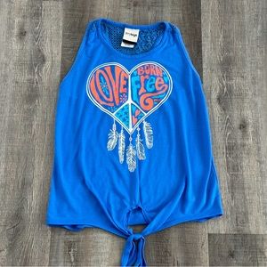 💞 Junior’s Size 1 (XS) Blue “Love Born Free” Crocheted Racer Back Tank